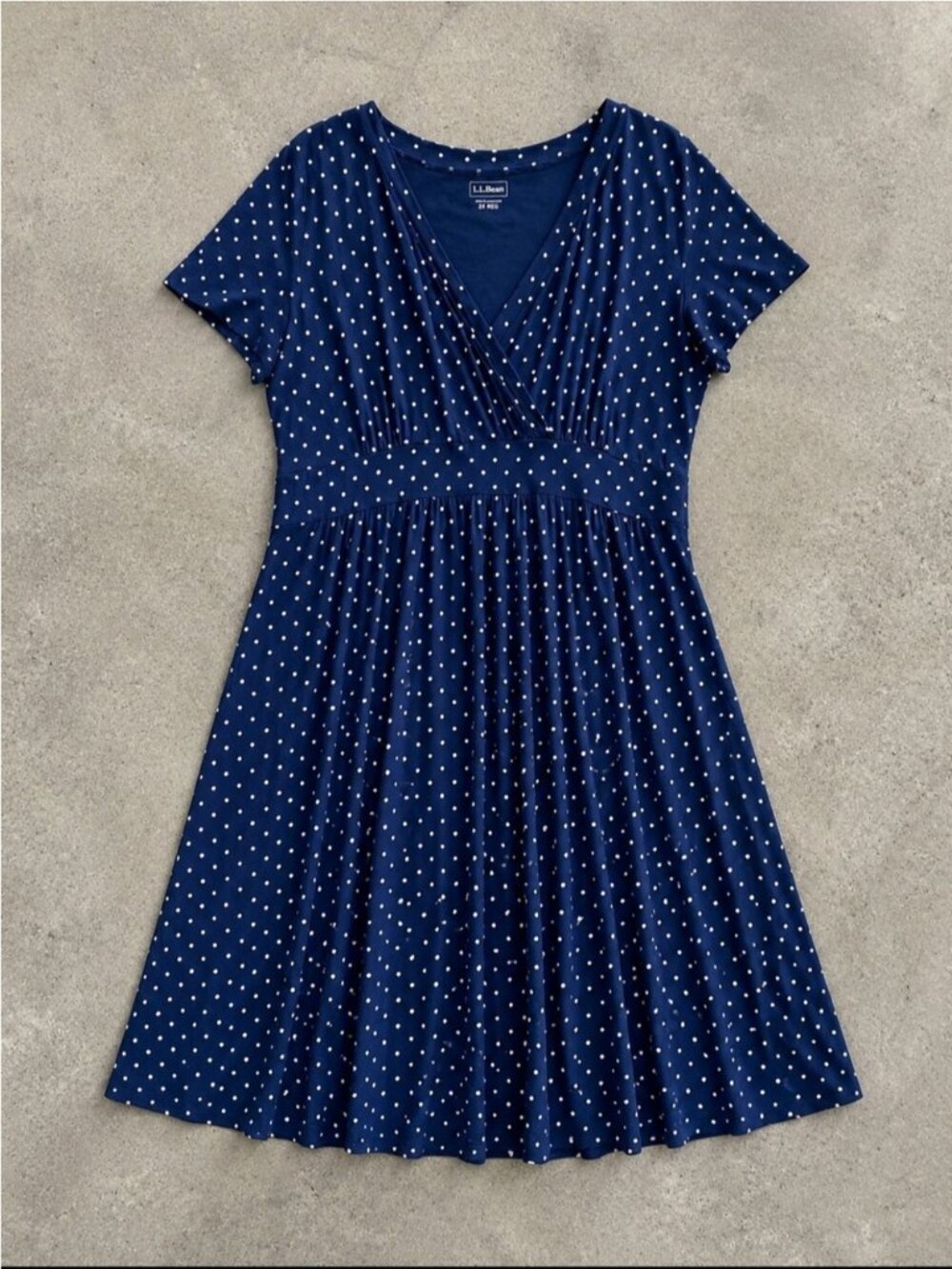 L.L.Bean Summer Knit Dress 2X Navy Polka Dot Wrap V Neck Fit Flare Office Classc